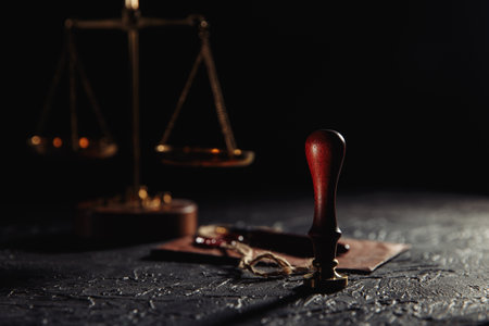 Law and justice concept. Scales of justice, brown envelope with seal and wooden stamp in a courtroom