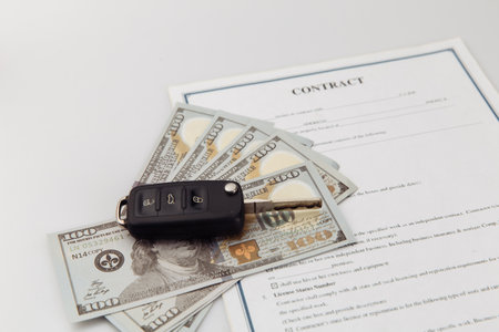 Key and contract on a table. Car purchase or insurance conceptの写真素材