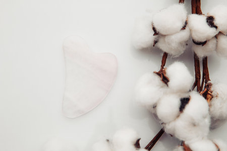 Pink Gua Sha massage tool on a white table. Facial skin care at home, anti-aging and lifting therapyの写真素材
