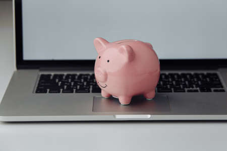 Piggy bank with laptop. Online business concept