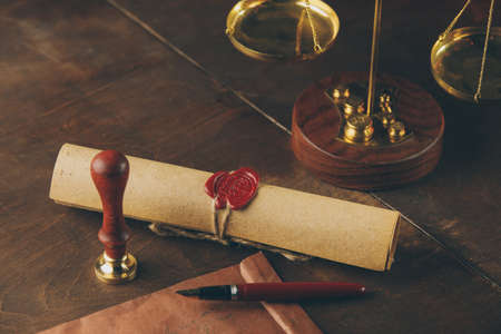 Vintage stamp, envelope and testament. Notary public officeの写真素材