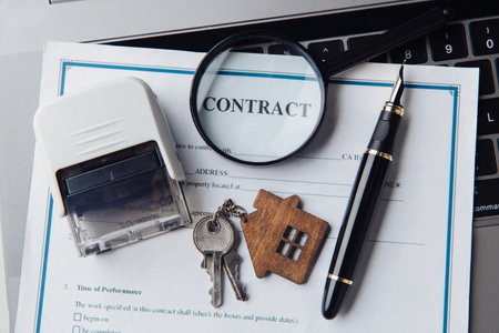 House keys, magnifying glass and contract. Concept of rent, search or mortgage houseの写真素材