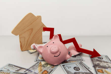 Investment and bankruptcy concept. Real estate. Broken piggy bank and red arrow down with wooden...
