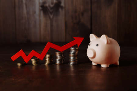 Piggy Bank and red arrow on coins stack. Saving concept and investment budgetの写真素材