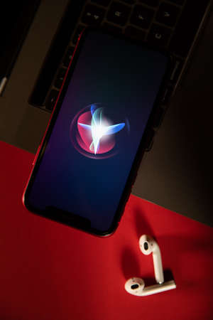 Tula, Russia - March 02, 2021: Siri logo on iPhone displayのeditorial素材