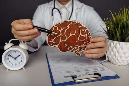 Healthcare and treatment concept. Male doctor showing wooden brainの写真素材