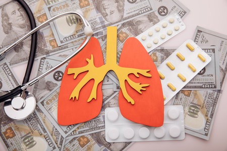 Lung diseases treatment concept. Organ, money and pills on pink background top viewの写真素材