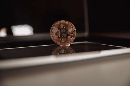 Bitcoin coin symbol on laptop. Crypto currency signの写真素材