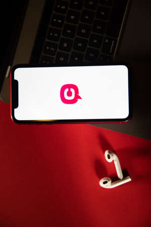 Tula, Russia - March 02, 2021: Chatium logo on iPhone displayのeditorial素材