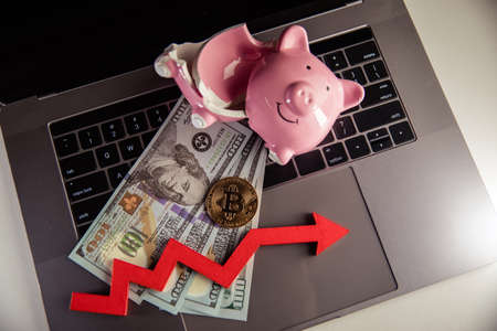 Gold bitcoin, broken piggy bank and arrow down on laptop. The fall in the value of bitcoin and investment conceptの写真素材