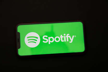 Tula, Russia - April 08, 2021: Spotify logo on iPhone displayのeditorial素材