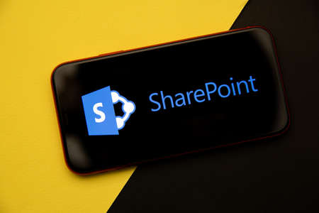 Tula, Russia - April 08, 2021: SharePoint logo on iPhone display