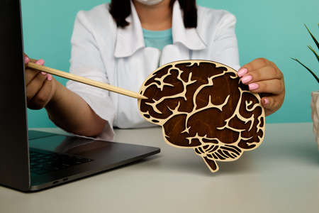 Nurse shows a wooden brain, healthcare themeの写真素材
