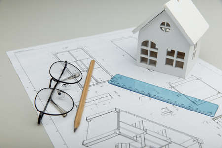 Architectural project, house and glassesの写真素材