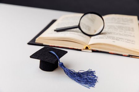 Magnifying glass on open book and graduation cap on white table. Education conceptの写真素材