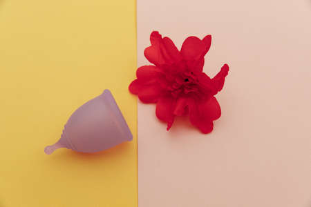 Menstrual cup with red flower. Eco-friendly and modern way of womens hygiene conceptの写真素材