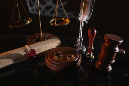 Last will and rings in notary office. Death and legacy concept. Top view.の写真素材