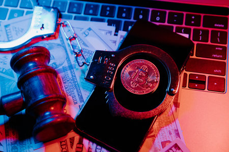 Golden bitcoin with handcuffs on computer keyboardの写真素材