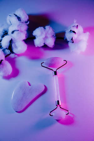 Jade face roller and gua sha for beauty facial massage therapy with fern leaf in neon light. Vertical imageの写真素材