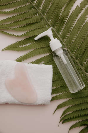 Pink guasha with towel on a fern leaf. Scin care concept. Vertical imageの写真素材