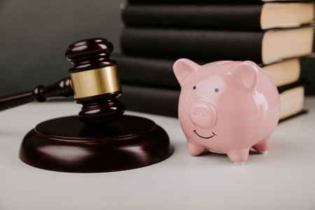 A concept of legal expenses. Piggy bank and gavel with books.の写真素材