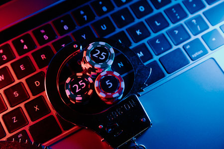 Law and online casino. Handcuffs and playing chips on keyboard close-up.の写真素材