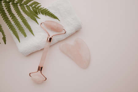 Roller and gua sha massage scraper with a fern leaf. Selfcare, beauty and health conceptの写真素材