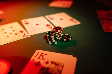 Poker and gambling concept. Dice and playing cards close-upの写真素材