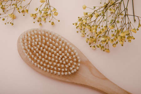 Dry wooden brush on a pink pastel background close-up. Spa and self care conceptの写真素材