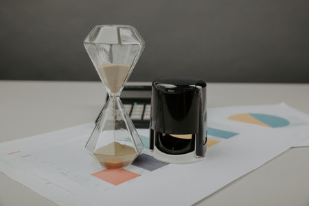Work place with laptop, hourglass and rubber stamp