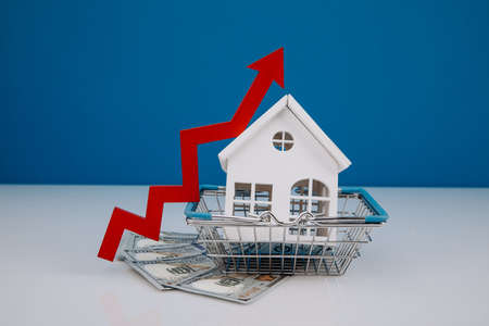 House model in a basket and red arrow up. The concept of inflation and the growth price of insurance servicesの写真素材