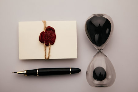 Black envelope with red wax seal and stamp on dark wooden background.