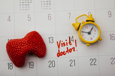 Model of thyroid and yellow alarm clock on calendar with mark 'Visit doctor'. healthcare concept.の写真素材