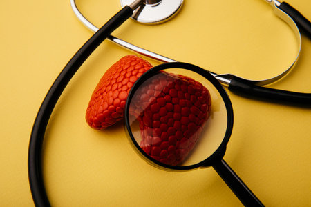 Stethoscope and red model of thyroid gland under magnifying glass on a yellow background close-up.