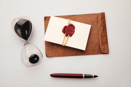 Paper envelope with red wax seal and hourglass on a table, postal accessories.