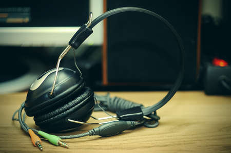 Stereo headphones on the table.