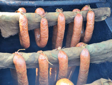 Sausages on grill closed-up.の写真素材