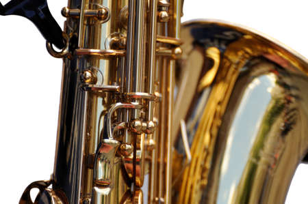 Fragment of  Saxophone on white background. Sax close up. Close up of keys  saxophone. Wonderful...