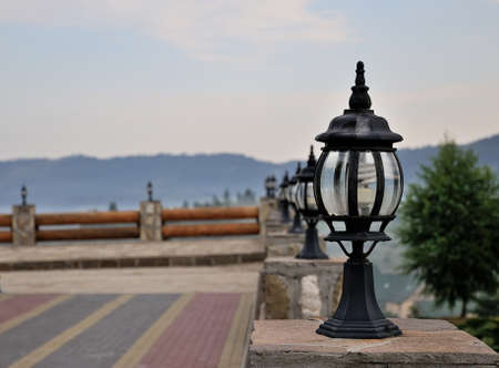 The lantern on the stone pillar.の写真素材