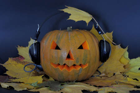 Pumpkin with headphonesの写真素材