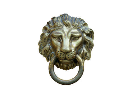 A brown door with beautiful bronze retro style carved lion head handle (knocker)の写真素材