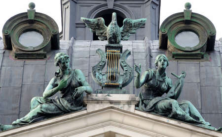 Bronze symbolic sculpture . Solomiya Krushelnytska Lviv State Academic Opera and Ballet Theatre (1897 - 1900). Theatre was built in Viennese neo-Renaissance style. Ukraine.のeditorial素材
