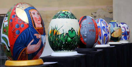 LVIV, UKRAINE - April 04: Big fake Easter eggs at the festival of Easter eggs in the center of Lviv...