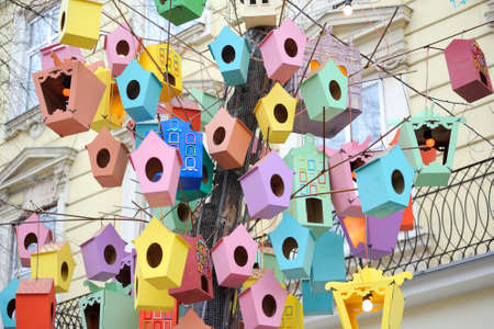 The beautiful colorful starling-houses in the city center of Lviv, Ukraineの写真素材