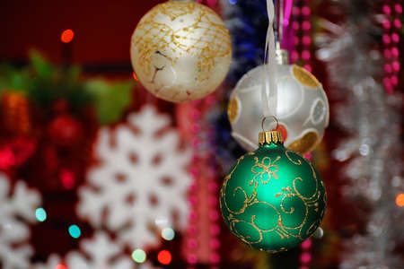 Christmas decorations against lights background . Christmas balls .の写真素材