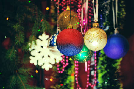 Christmas decorations against lights background . Christmas balls .の写真素材