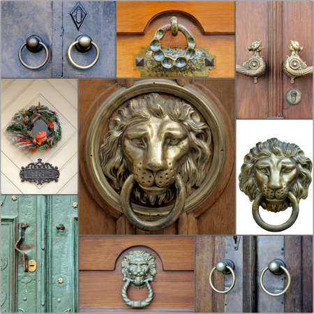 A collage of photos on lion door handles close up .の写真素材
