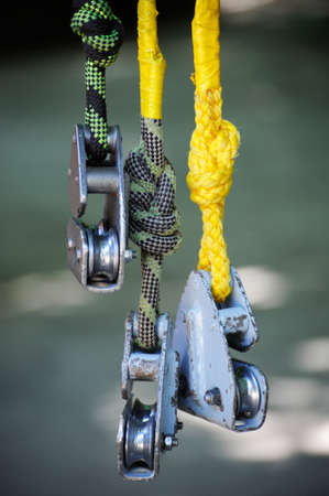 Rope with rollers. Equipment for rope park.の写真素材