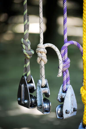 Rope with rollers. Equipment for rope park.の写真素材