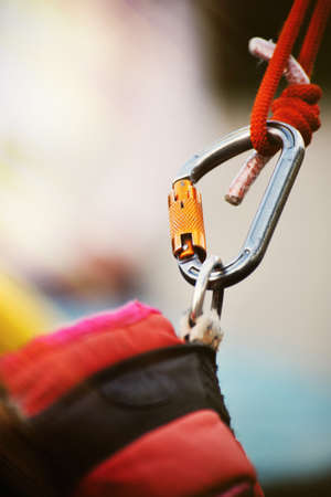 Climbing sports image of a carabiner on a ropeの写真素材
